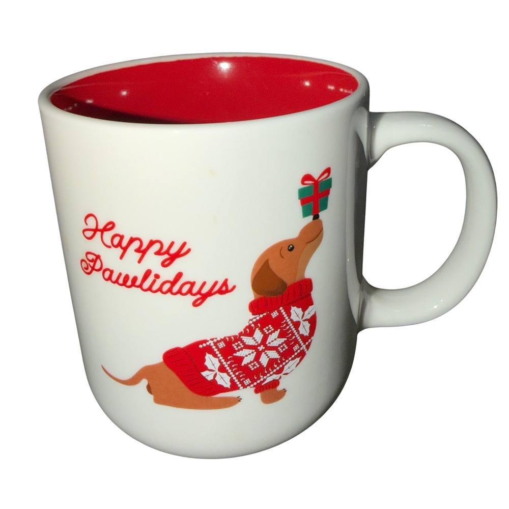 Holiday Style Dachshund‎ Mug 18oz White Red Excellent Happy Pawlidays Dog